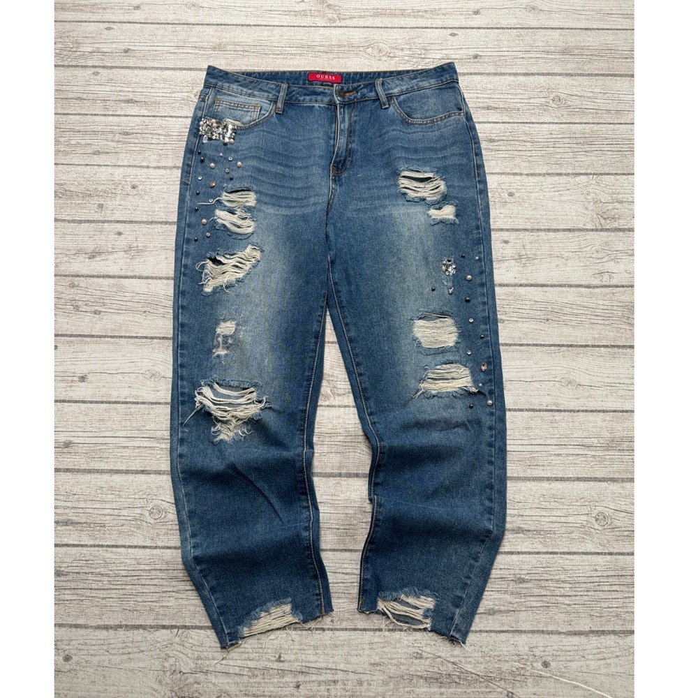 Guess Mom Jeans Women's 30 Blue Denim Rhinestone Studded Ripped Distressed Baggy